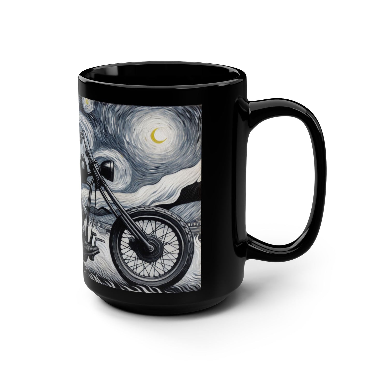 Starry Night Motorcycle Black Mug - 15oz Ceramic Coffee Cup for Bikers & Art Lovers