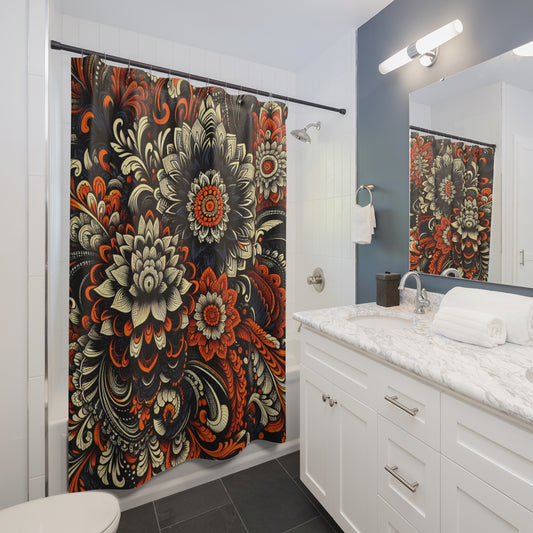 Shower Curtain - Black and Orange Tapestry-Large Flower Pattern-Floral Bathroom