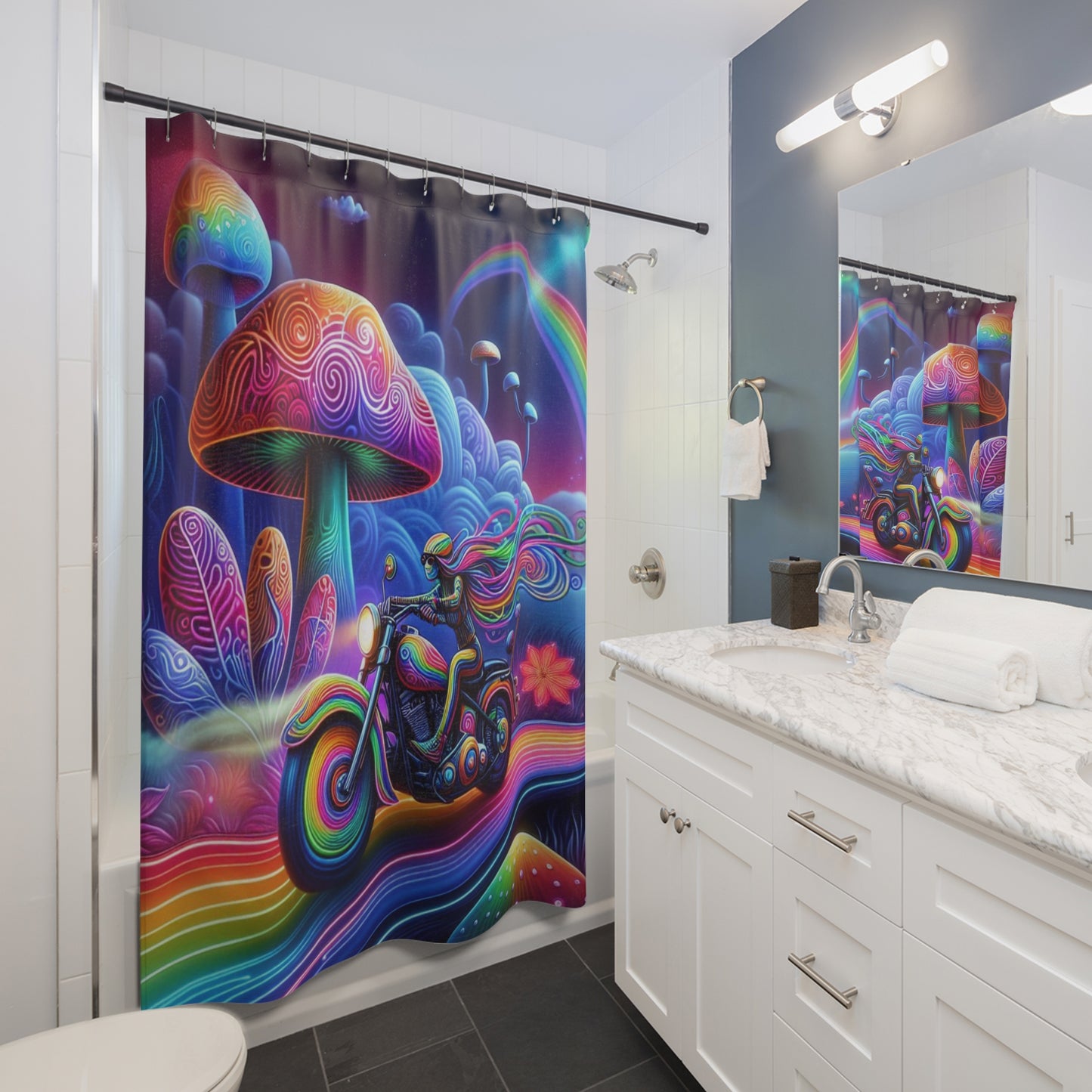 Shower Curtain-Retro 70s Art-Psychedelic Motorcycle Trip-Biker bath Decor