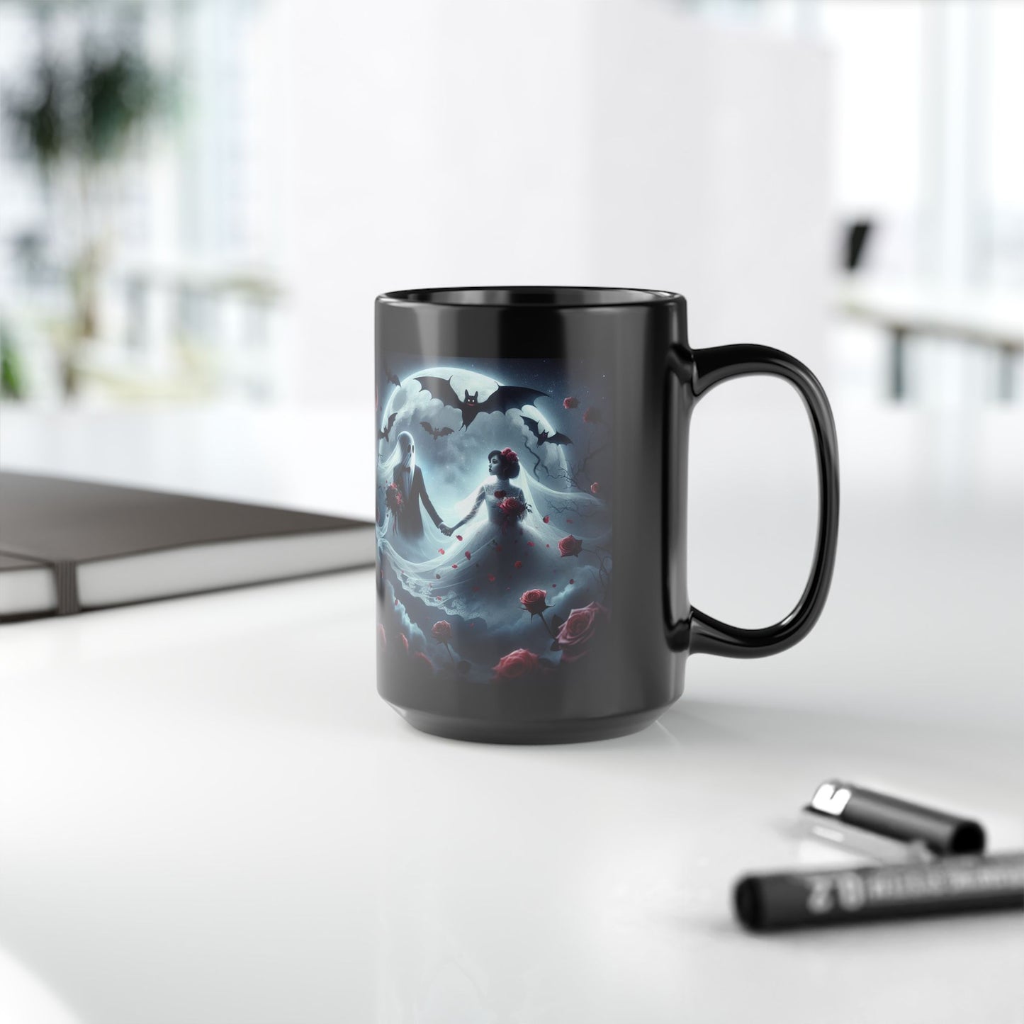 Mug - Halloween and Valentines Mix - Ghosts Bride & Groom, Bats, Hearts - Love Never Dies