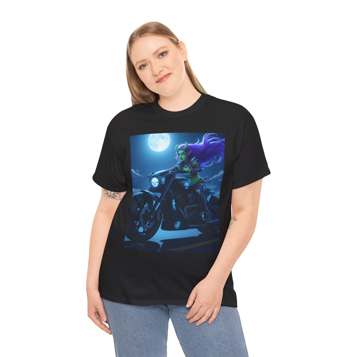 Moonlight Rider Unisex Heavy Cotton Tee, Biker Shirt, Motorcycle Enthusiast Tee, Halloween Shirt, Gift for Him/Her