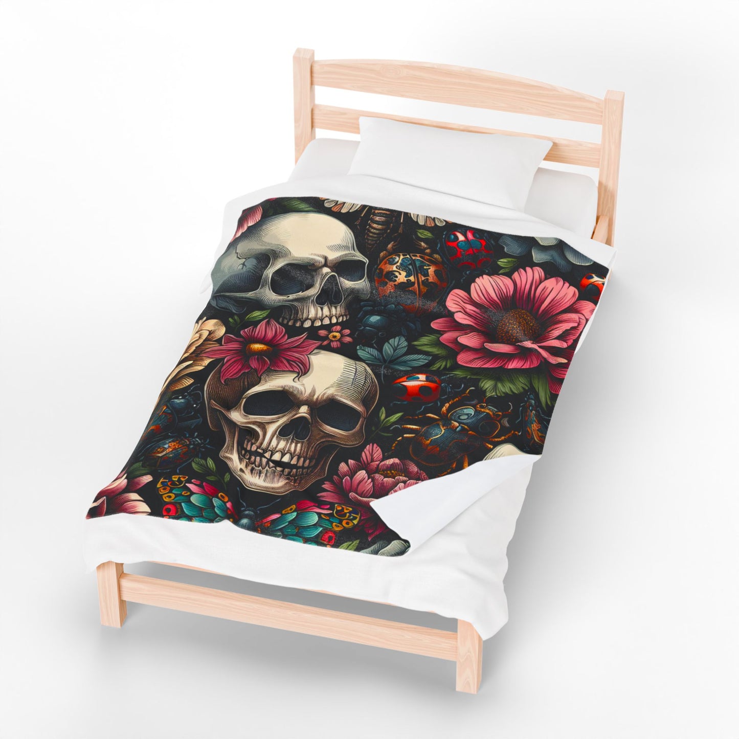 Gothic Floral Velveteen Plush Blanket, Cozy Skull Throw, Unique Home Decor, Halloween Blanket, Boho Chic Gift, Dark Aesthetic