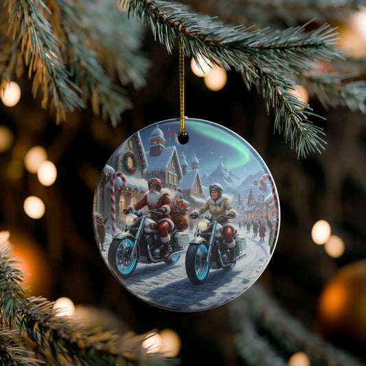 Festive Ceramic Holiday Ornament, Christmas Decoration, Unique Gift, Holiday Decor, Santa Biker Design, Winter Season Keepsake
