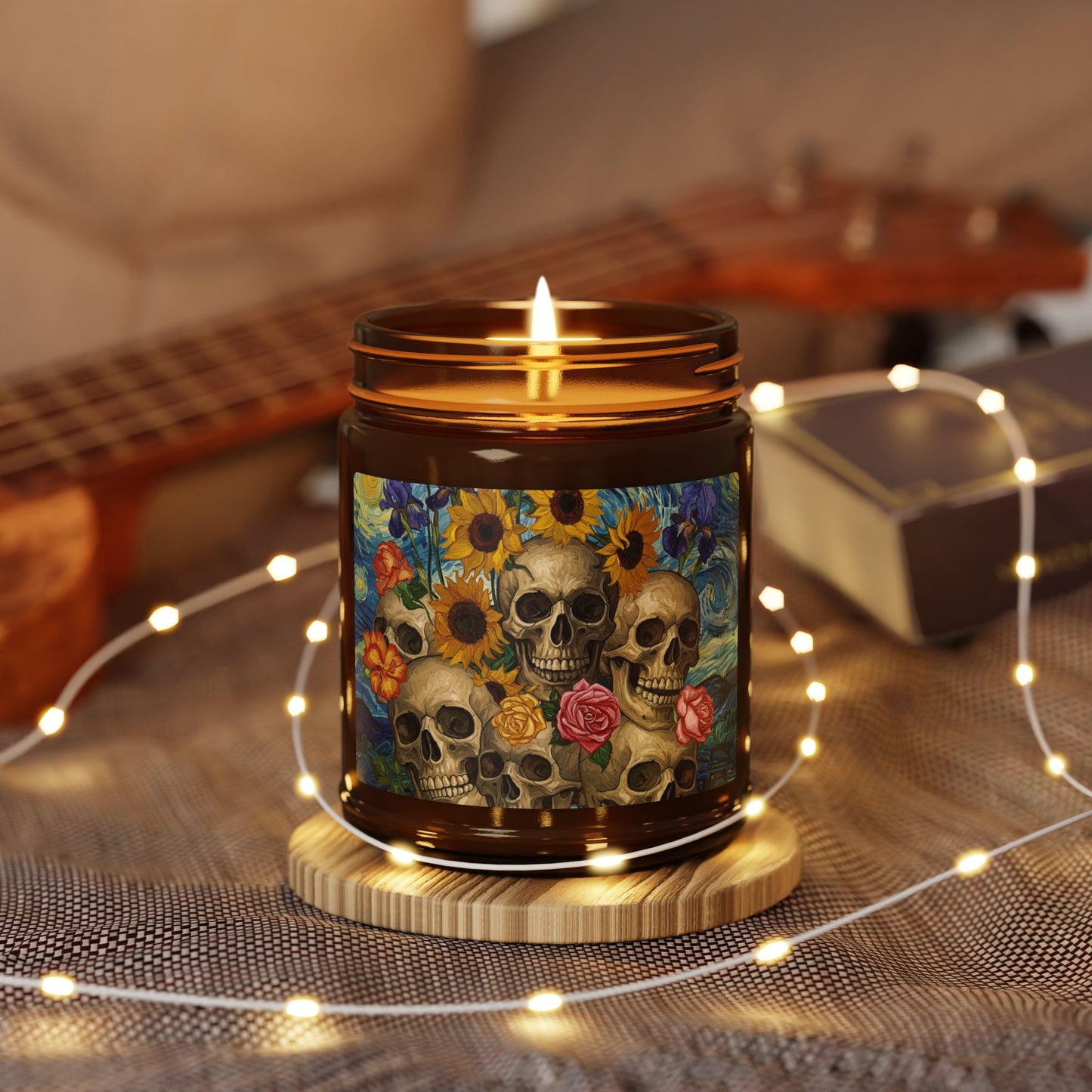 Skull & Sunflower Scented Soy Candle, Boho Home Décor, Perfect for Relaxation, Gifts, Halloween, and Celebrations