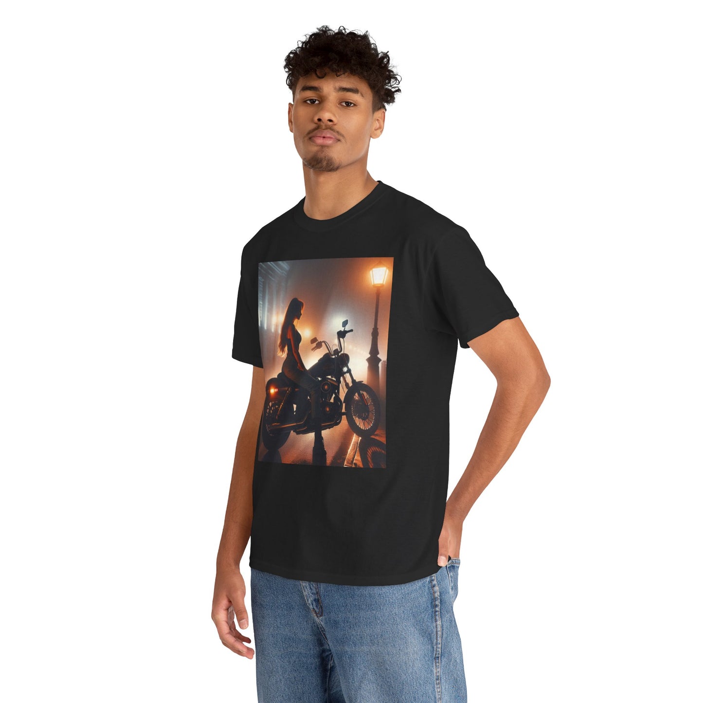 T-Shirt Pinup Biker Nighttime City Scene Unisex Heavy Cotton Tee