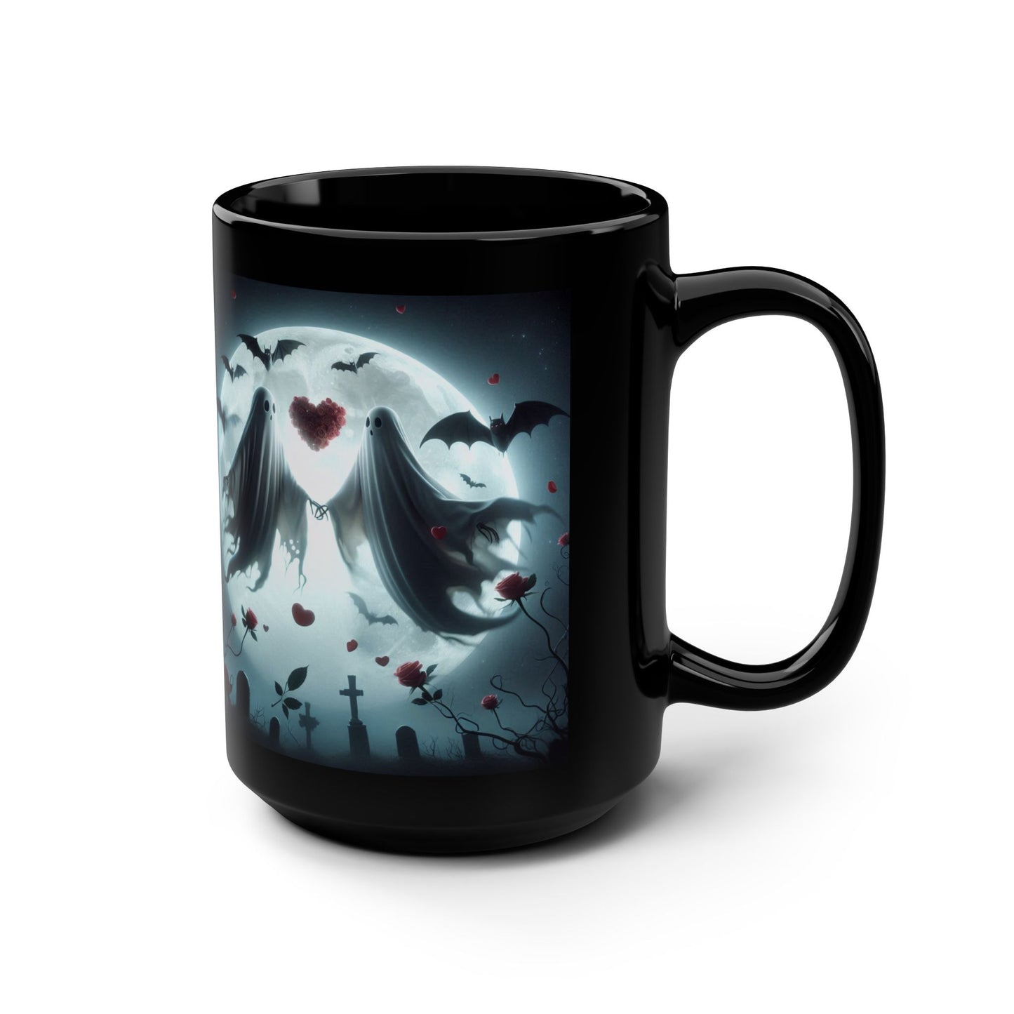 Mug - Halloween and Valentines Mix - Ghost Bride & Groom, Flowers, Bats, Hearts - 15oz