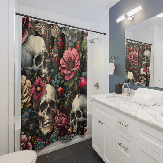 Shower Curtains- Dark Floral Insects Skulls Collage