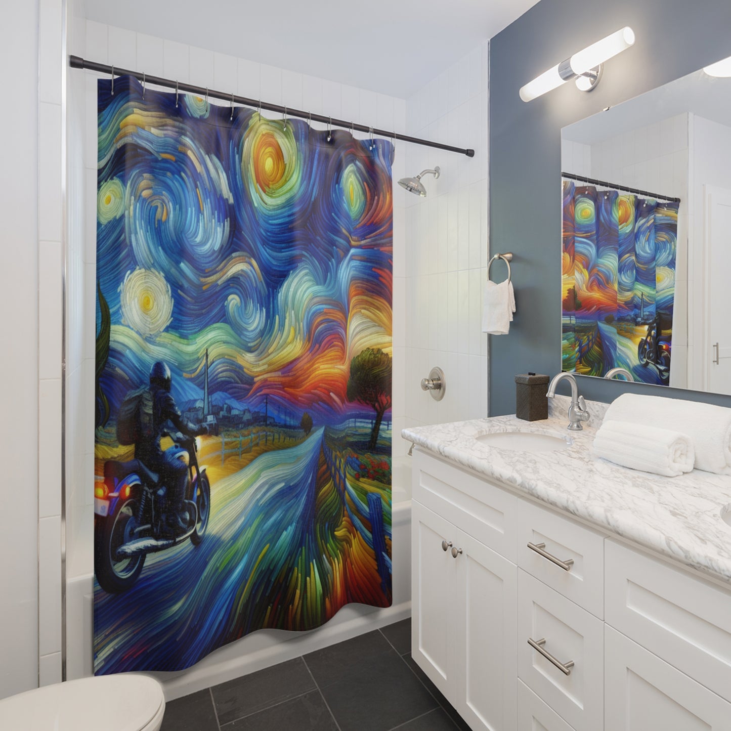 Shower Curtain-Starry Night Motorcycle - Vibrant Biker Art for Bathroom Decor