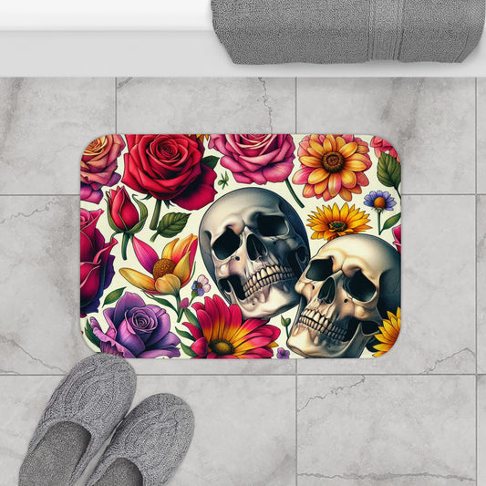 Bath Mat- Colorful Skull Floral- Gothic Bathroom Decor, Bohemian Home Accessories, Halloween Gift, Unique Bath Decor