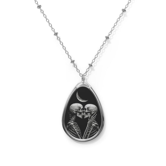 Romantic Skeletons Oval Necklace, Gothic Jewelry, Unique Gift for Halloween, Anniversary, Alternative Fashion, Quirky Statement Piece