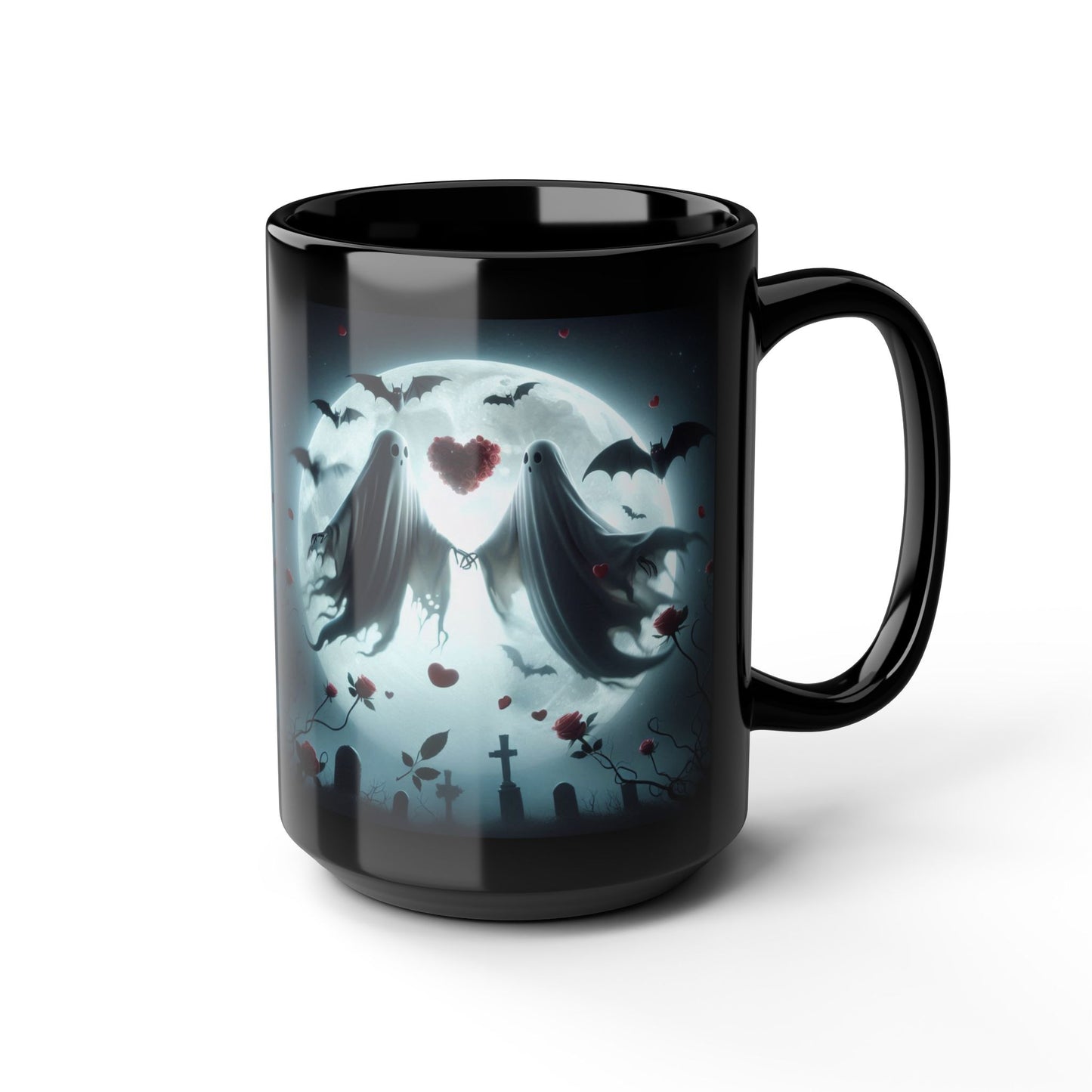 Mug - Halloween and Valentines Mix - Ghost Bride & Groom, Flowers, Bats, Hearts - 15oz