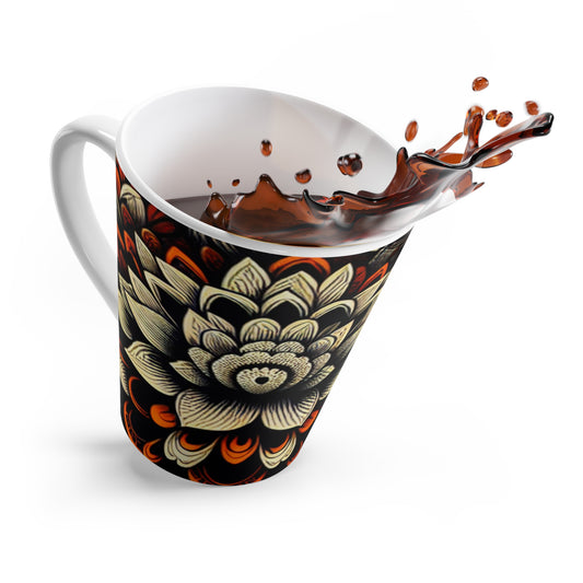 Latte Mug - Bold Orange and Black Lace- Floral Pattern-Coffee Cup