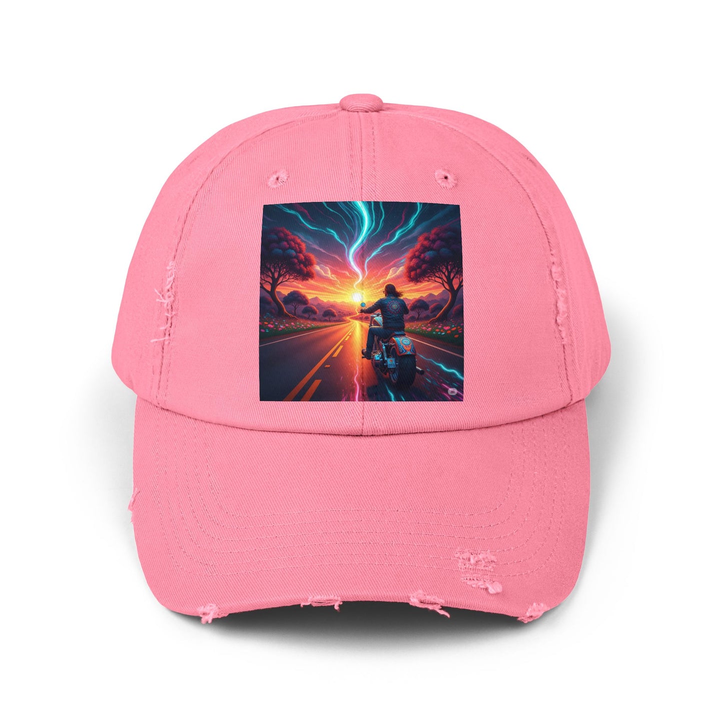 Unisex Distressed Cap with Vibrant Sunset Motorcycle Design, Casual Style Hat for Adventure Lovers, Great Gift for Bikers, Trendy [...]