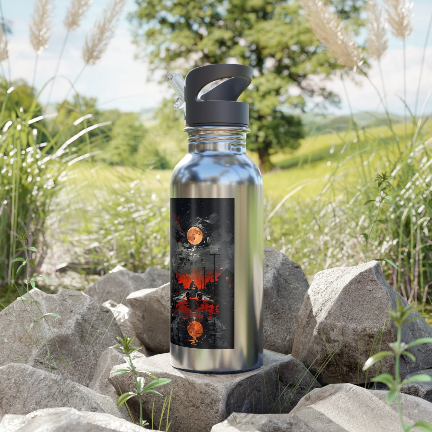 Water Bottle -Motorcycle Ride-City Night Rider -Stainless Steel 20oz