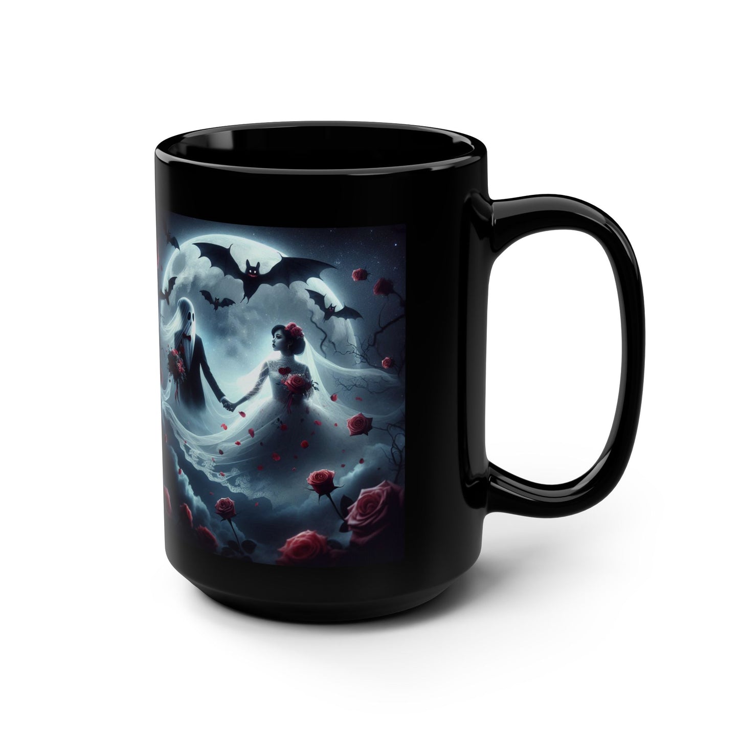Mug - Halloween and Valentines Mix - Ghosts Bride & Groom, Bats, Hearts - Love Never Dies