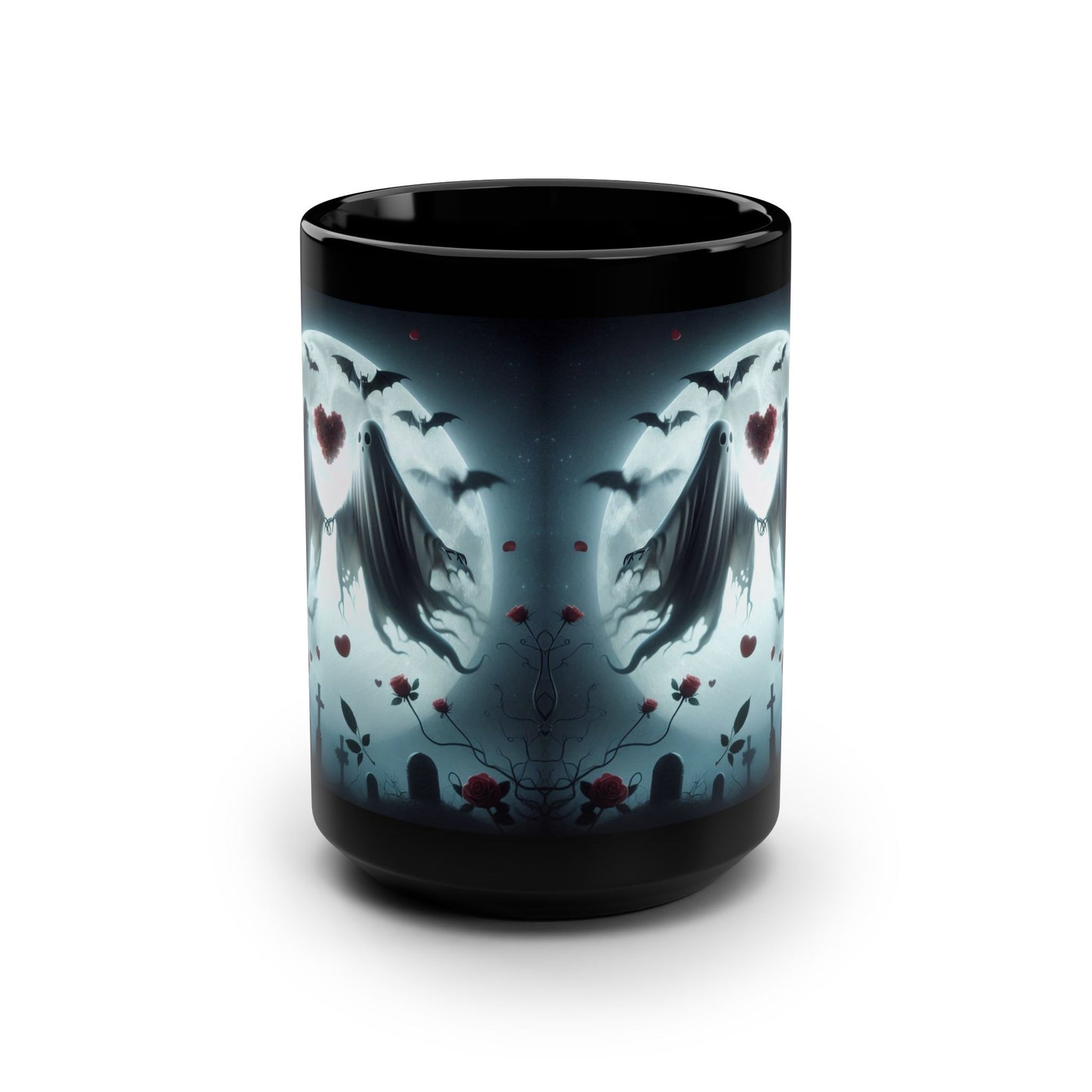 Mug - Halloween and Valentines Mix - Ghost Bride & Groom, Flowers, Bats, Hearts - 15oz