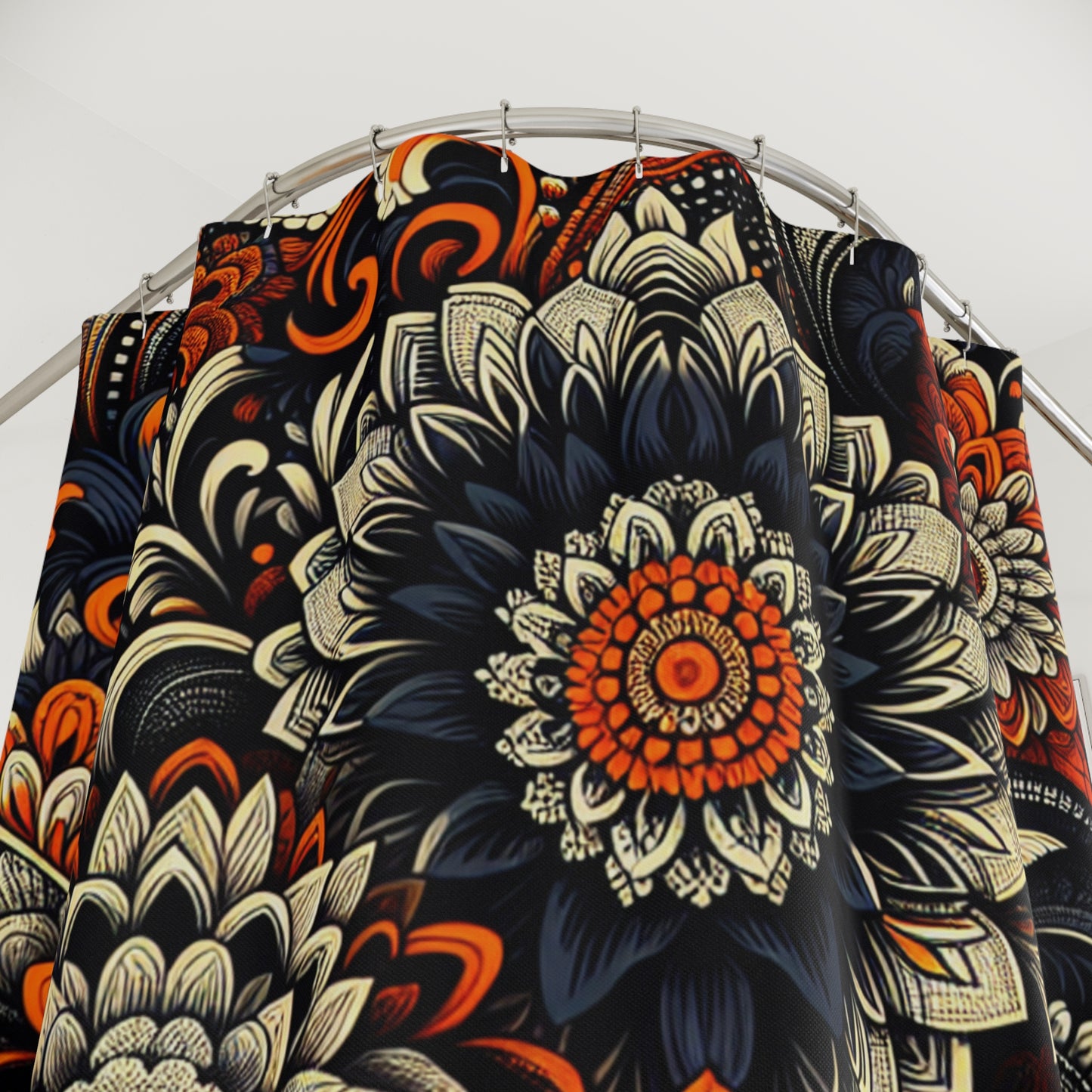 Shower Curtain - Black and Orange Tapestry-Large Flower Pattern-Floral Bathroom
