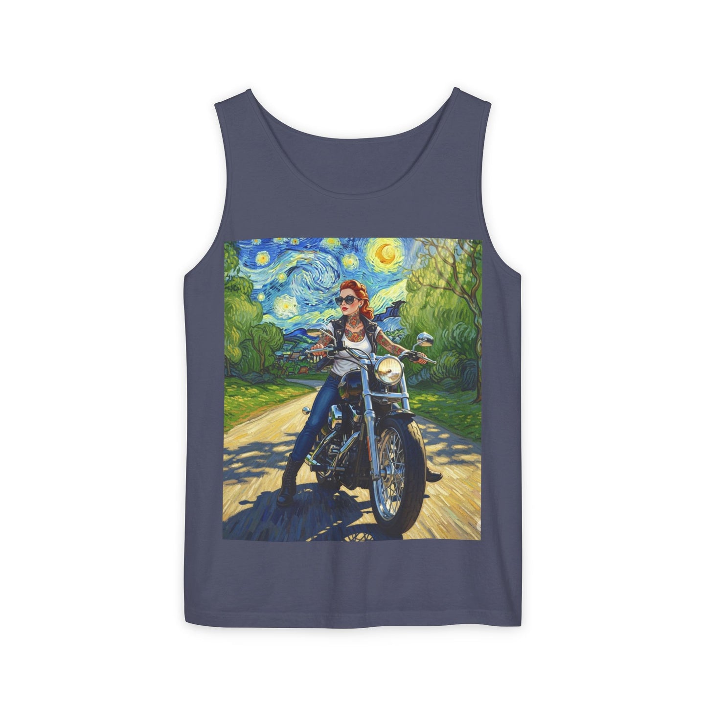 Vibrant Motorcycle Art Tank Top, Unisex Summer Tee, Biker Gift, Vintage Style Clothing, Casual Throwback Fashion, Perfect for Rides