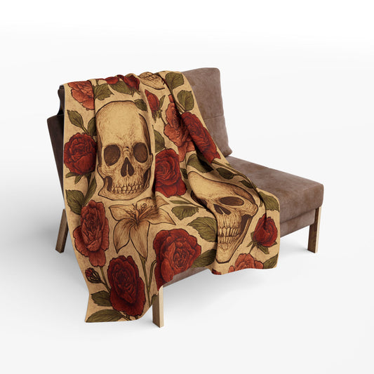 Fleece Blanket - Skulls and Floral Pattern in Creams and Reds