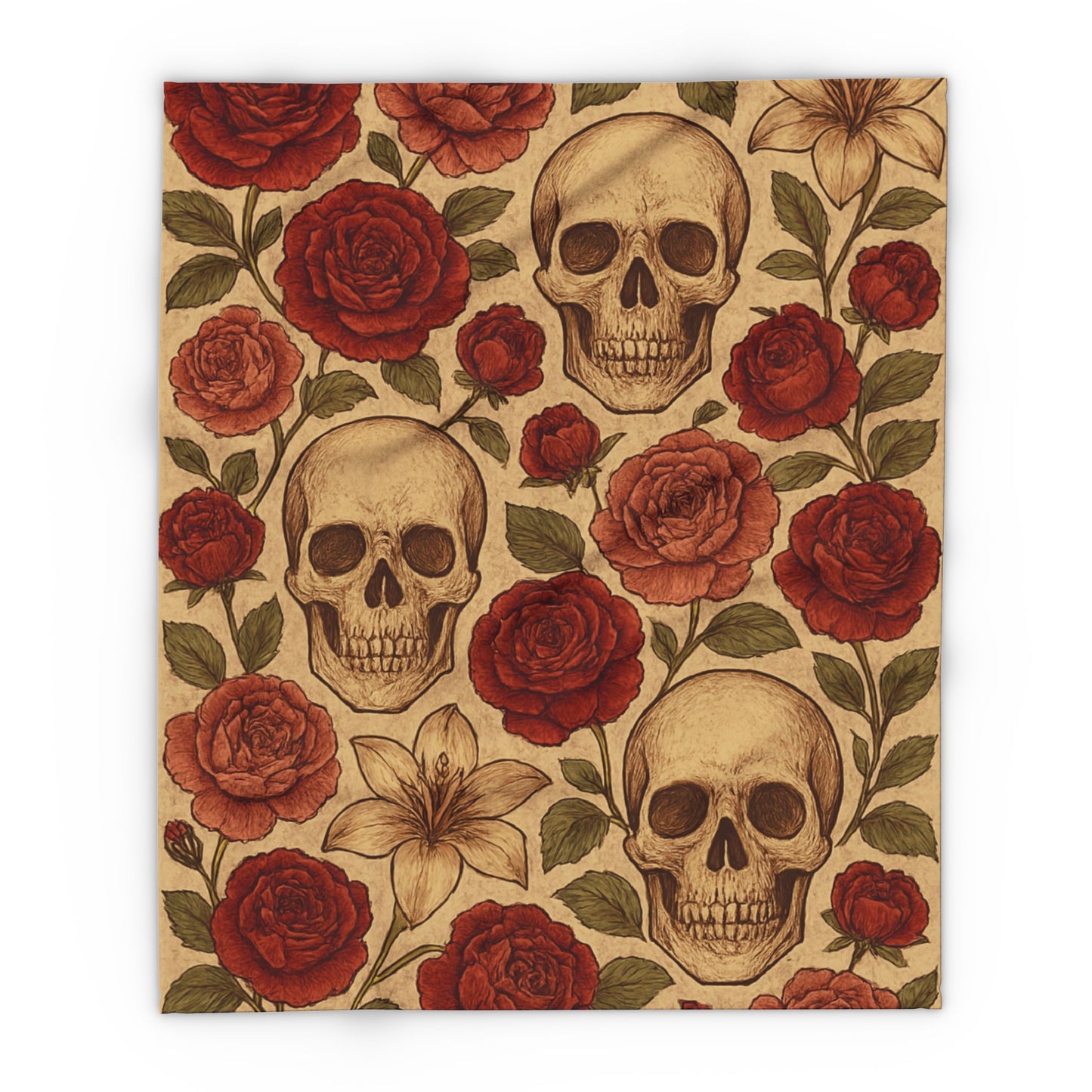 Fleece Blanket - Skulls and Floral Pattern in Creams and Reds