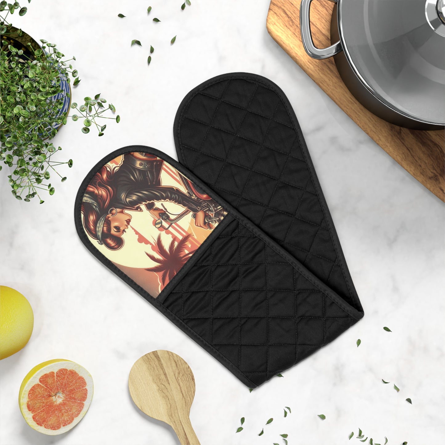 Oven Mitts - Girl Riding at the Beach Design-Biker Kitchen Flair