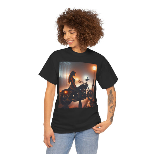 T-Shirt Pinup Biker Nighttime City Scene Unisex Heavy Cotton Tee