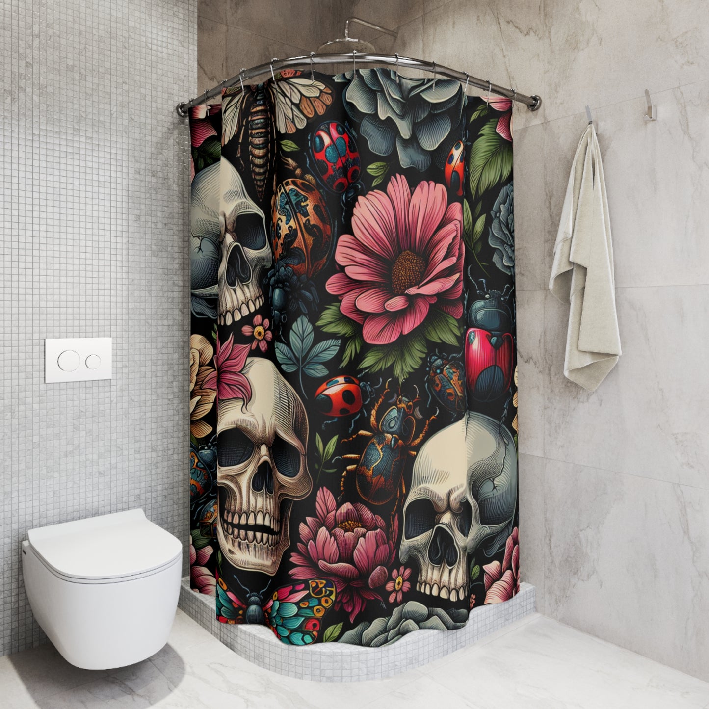 Shower Curtains- Dark Floral Insects Skulls Collage