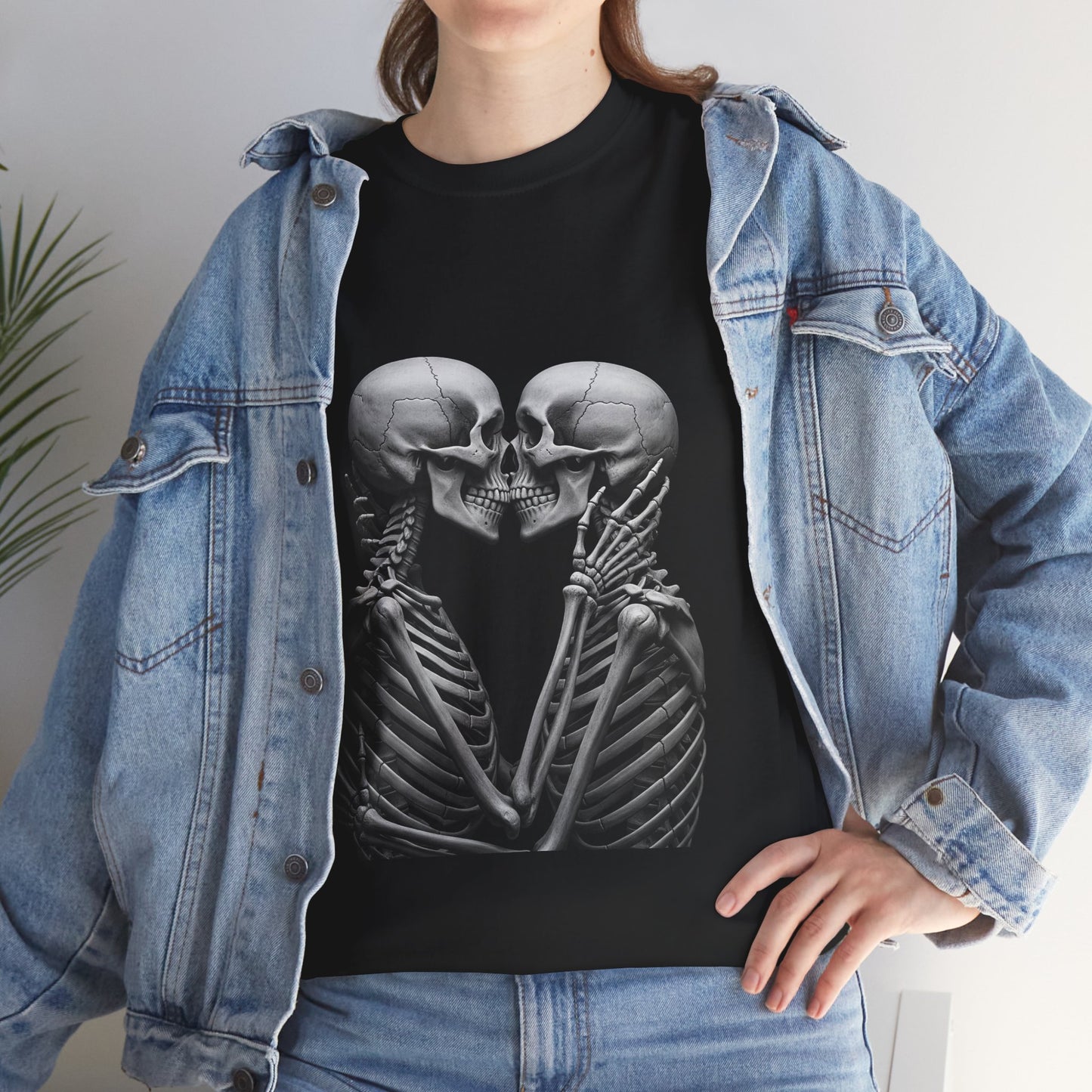 Romantic Skeleton Kiss Tee, Unisex Graphic T-Shirt, Funny Halloween Shirt, Spooky Couple Gift, Skeleton Lovers Apparel