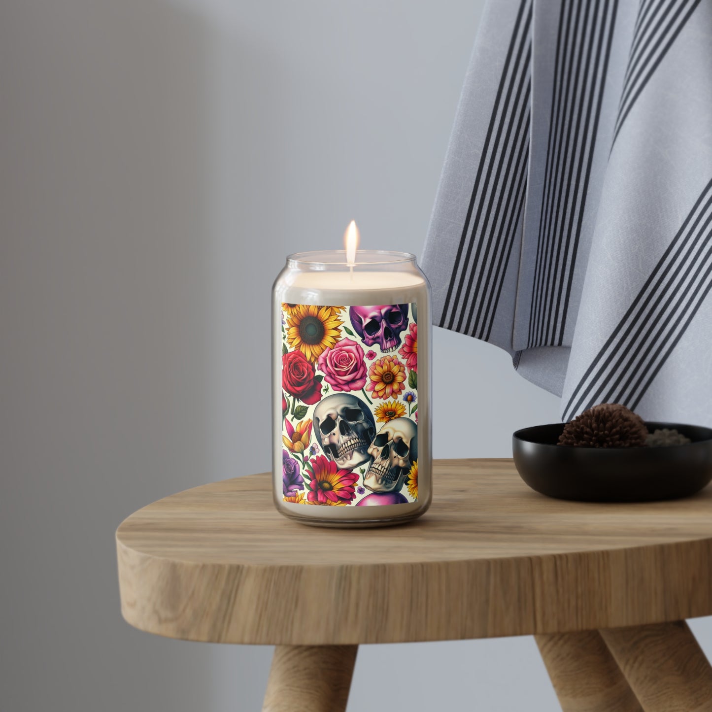 Gothic Floral Scented Candle, Skull Decor, Boho Home Accent, Aromatherapy Gift, Halloween Decor, Unique Birthday Present