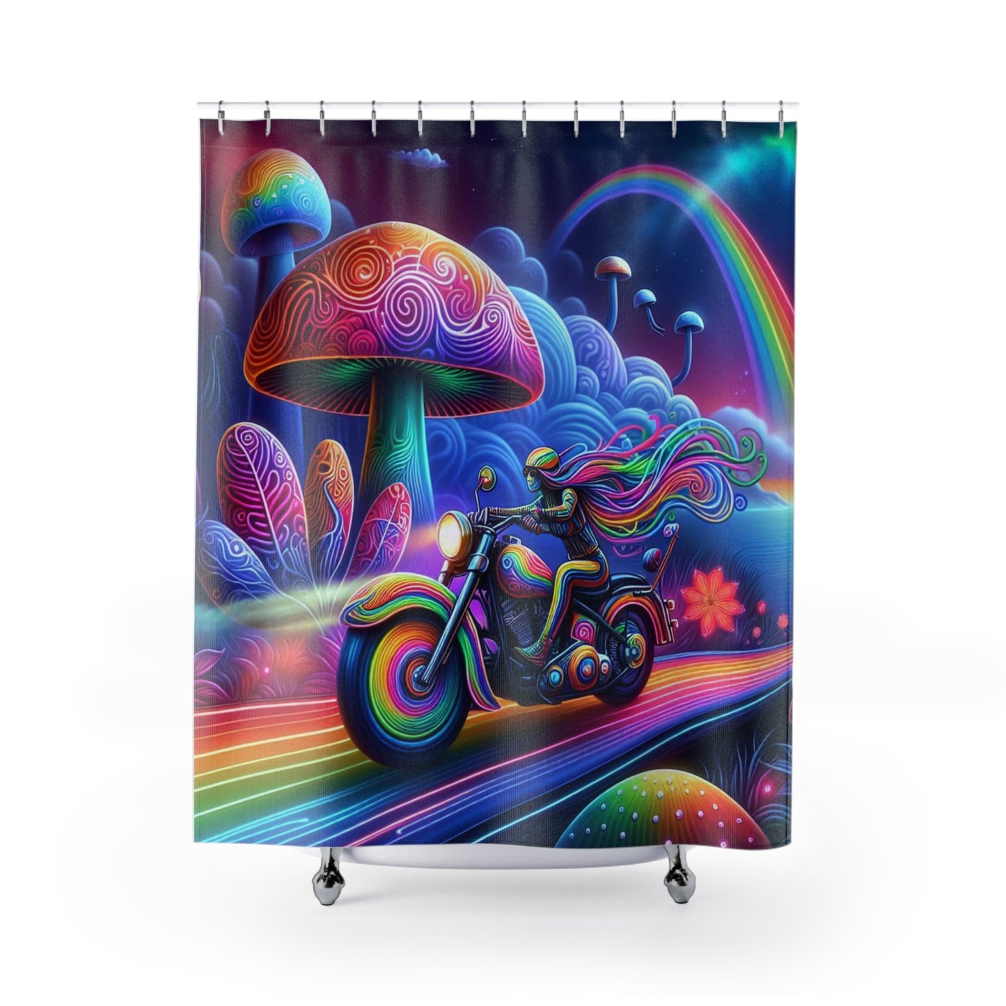 Shower Curtain-Retro 70s Art-Psychedelic Motorcycle Trip-Biker bath Decor