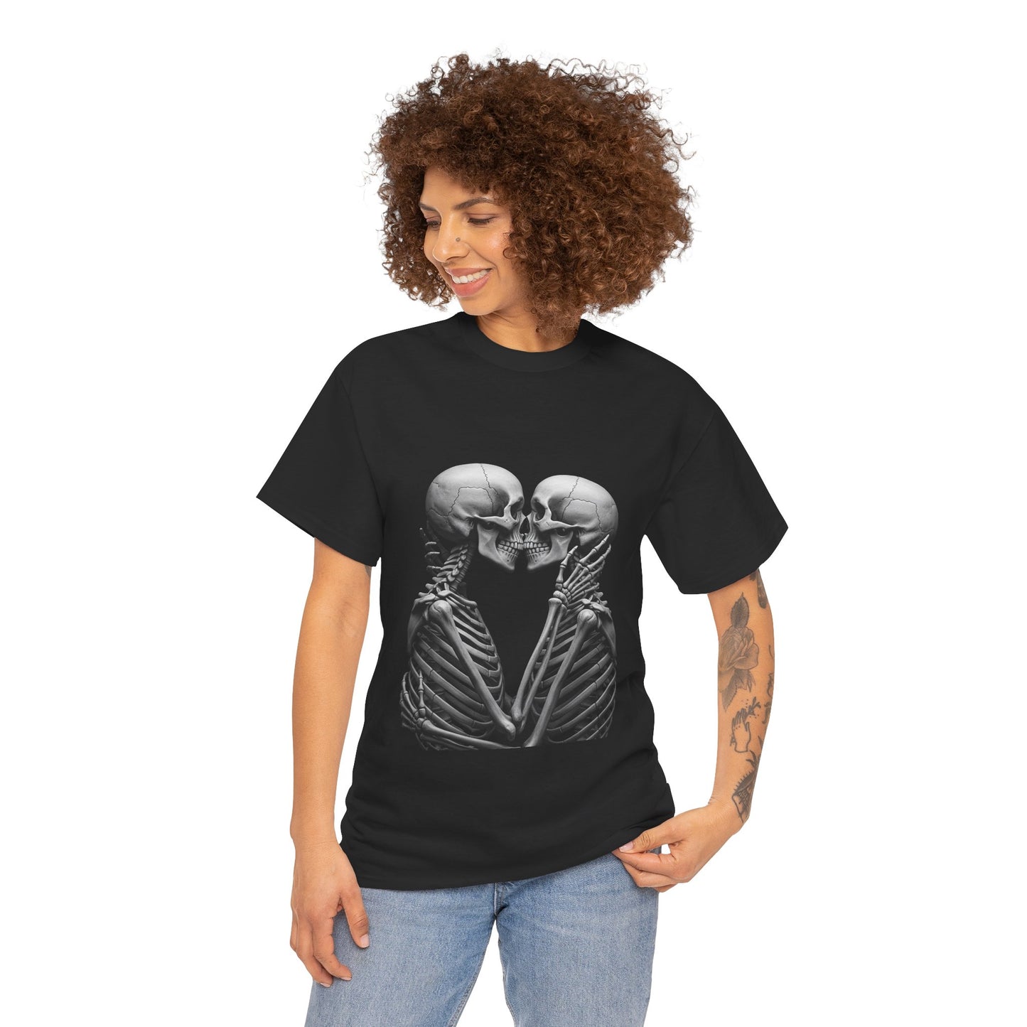 Romantic Skeleton Kiss Tee, Unisex Graphic T-Shirt, Funny Halloween Shirt, Spooky Couple Gift, Skeleton Lovers Apparel