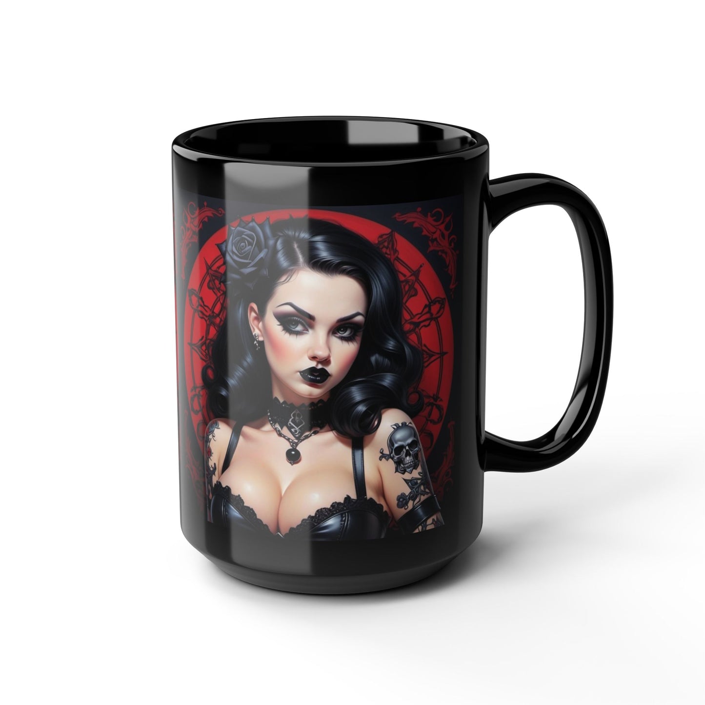 Mug - Gothic Pinup Girl Design-Edgy Unique Cup 15oz Black Drink Mug