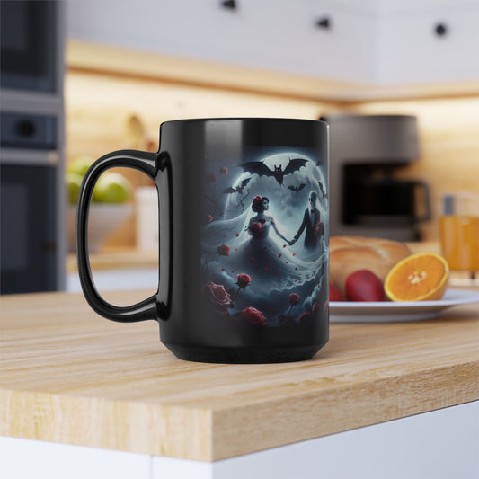 Mug - Halloween and Valentines Mix - Ghosts Bride & Groom, Bats, Hearts - Love Never Dies