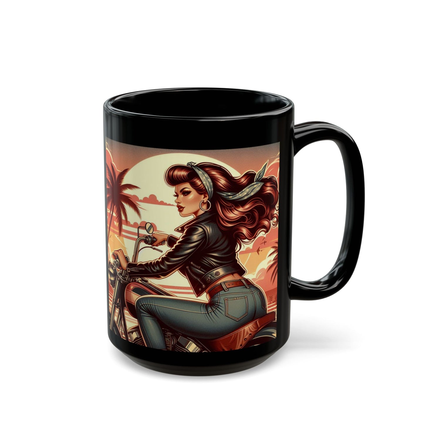 Mug-Sunset Beach Ride-Pin Up Girl Coffee Cup - Unique Gift for Bikers