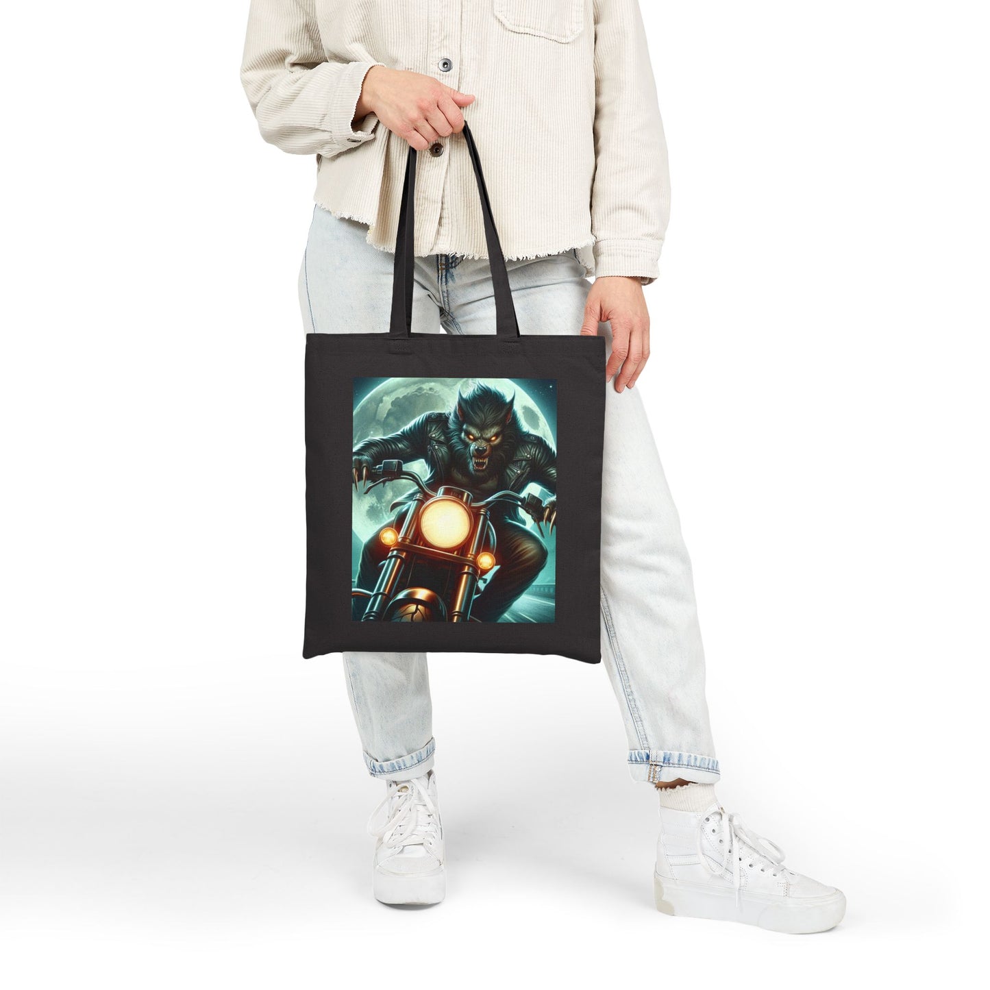 Werewolf Biker Graphic Tote Bag, Cool Canvas Shopping Bag, Unique Gift for Motorcyclists, Travel Tote, Stylish Everyday Bag
