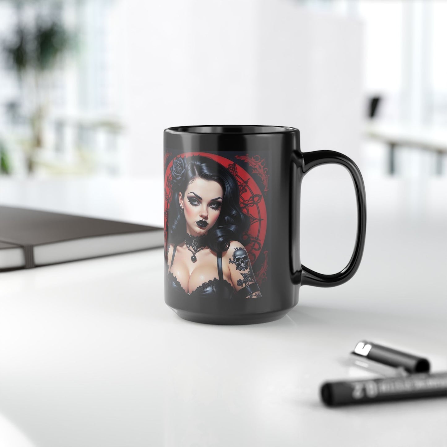 Mug - Gothic Pinup Girl Design-Edgy Unique Cup 15oz Black Drink Mug