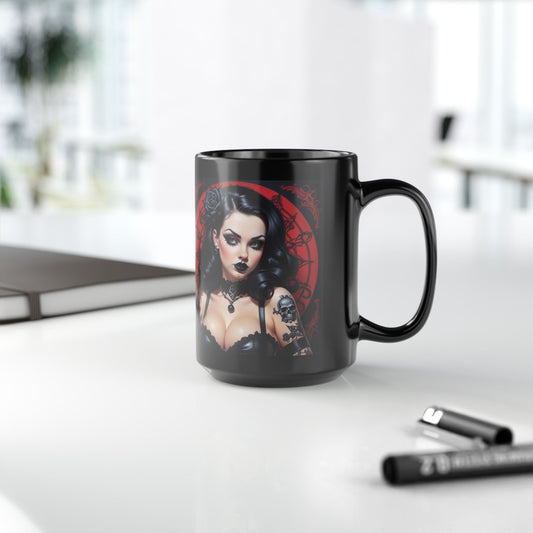 Mug - Gothic Pinup Girl Design-Edgy Unique Cup 15oz Black Drink Mug