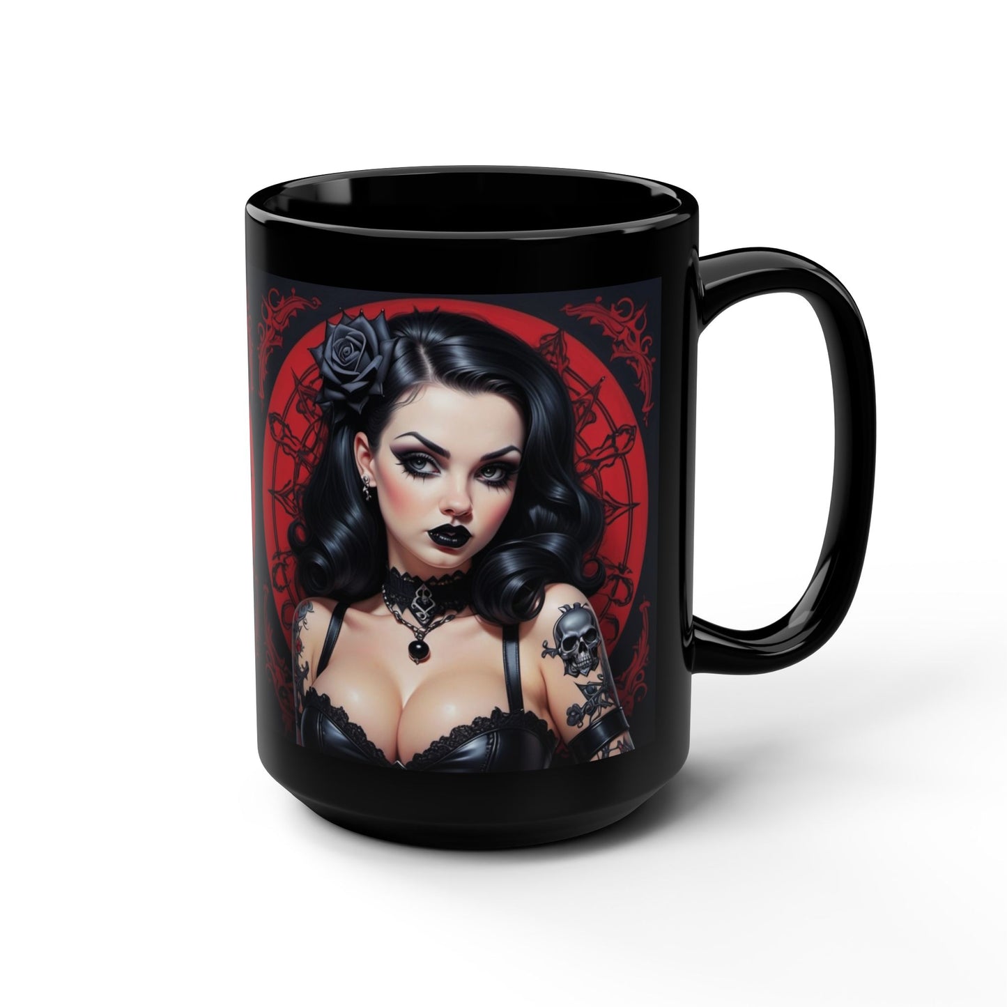Mug - Gothic Pinup Girl Design-Edgy Unique Cup 15oz Black Drink Mug