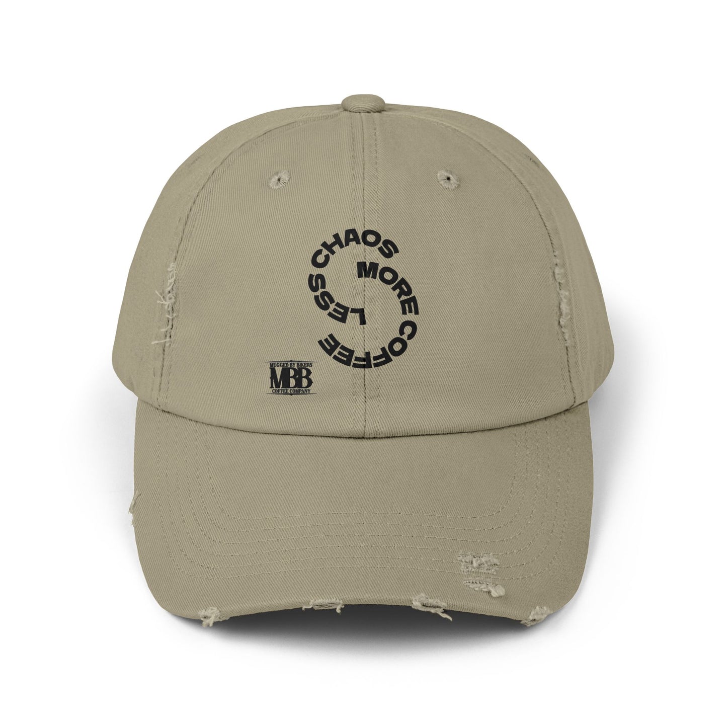 Distressed Unisex Cap with 'Less Chaos More Coffee' Design, Casual Headwear, Gift for Coffee Lovers, Trendy Hat, Relaxed Fit Cap