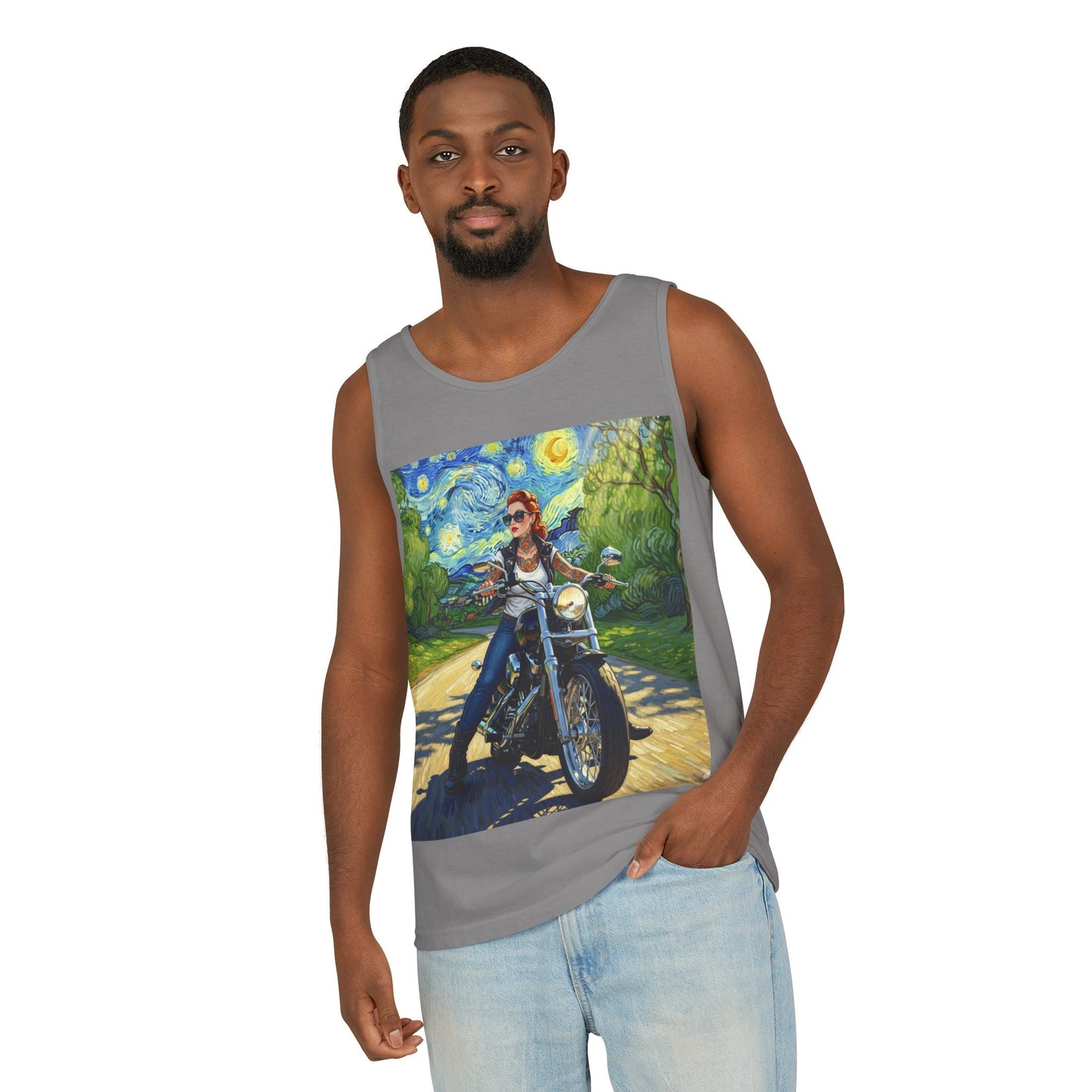 Vibrant Motorcycle Art Tank Top, Unisex Summer Tee, Biker Gift, Vintage Style Clothing, Casual Throwback Fashion, Perfect for Rides