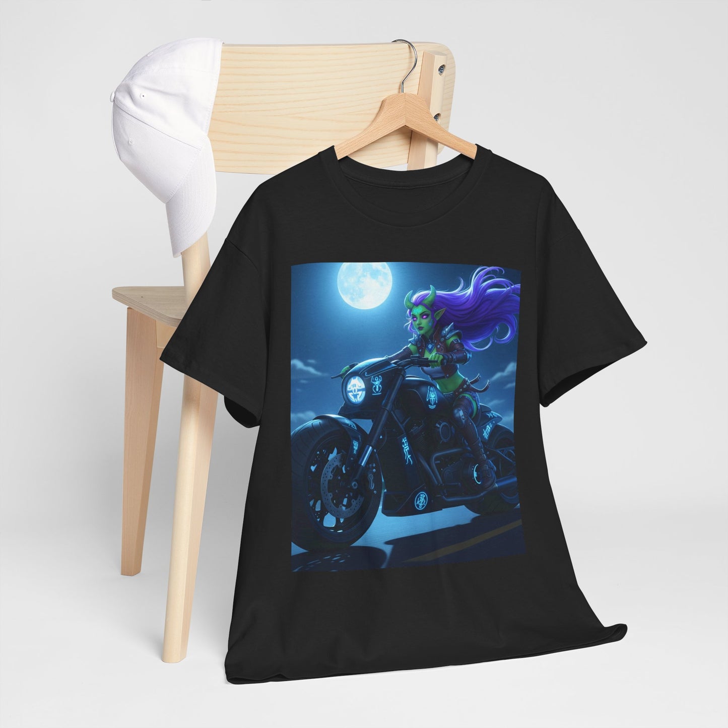 Moonlight Rider Unisex Heavy Cotton Tee, Biker Shirt, Motorcycle Enthusiast Tee, Halloween Shirt, Gift for Him/Her