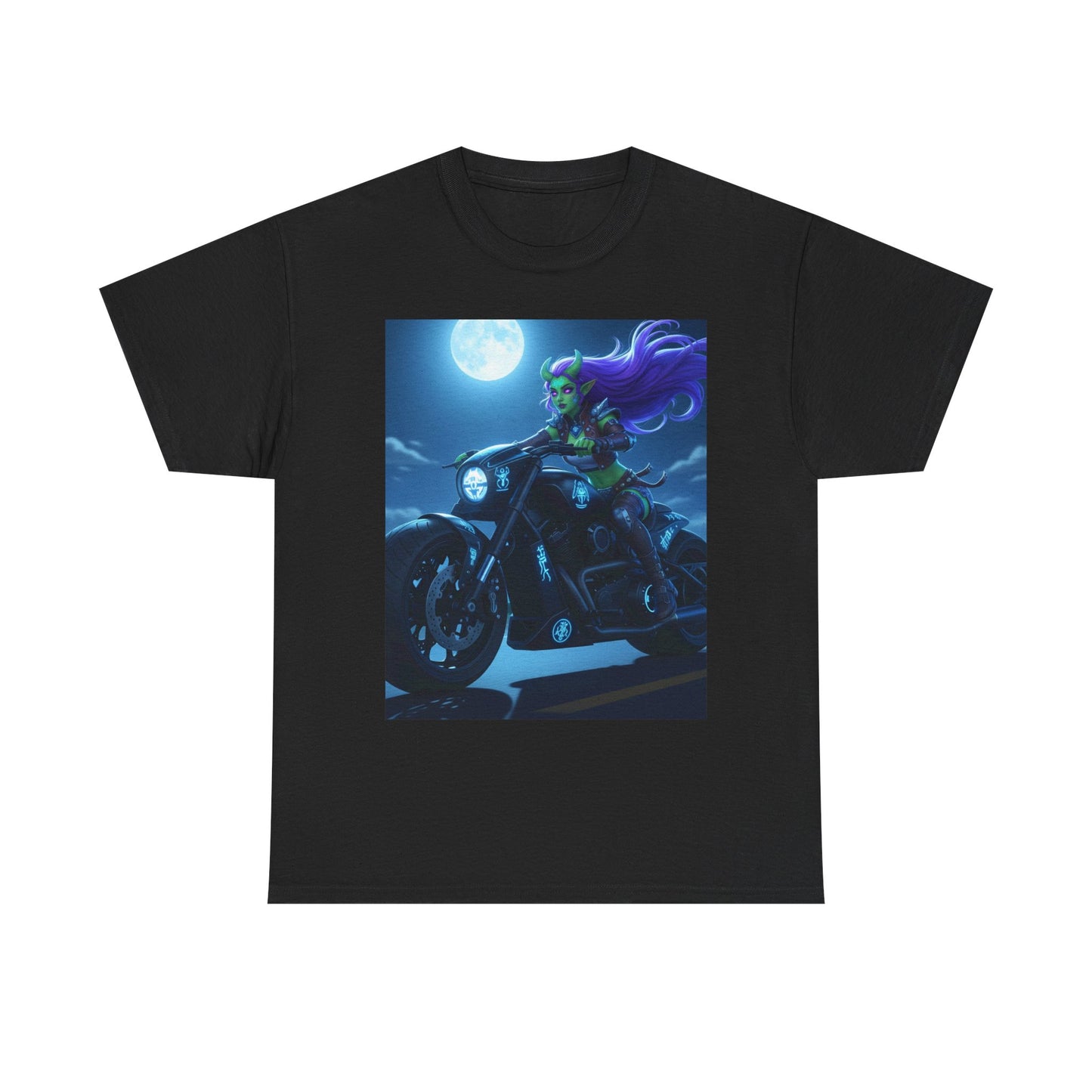 Moonlight Rider Unisex Heavy Cotton Tee, Biker Shirt, Motorcycle Enthusiast Tee, Halloween Shirt, Gift for Him/Her