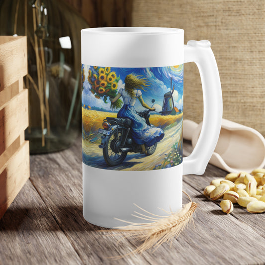 Frosted Glass Beer Mug - Perfect for Motorcycle Lovers & Sunflower Enthusiasts-Van Gogh Inspired Biker art