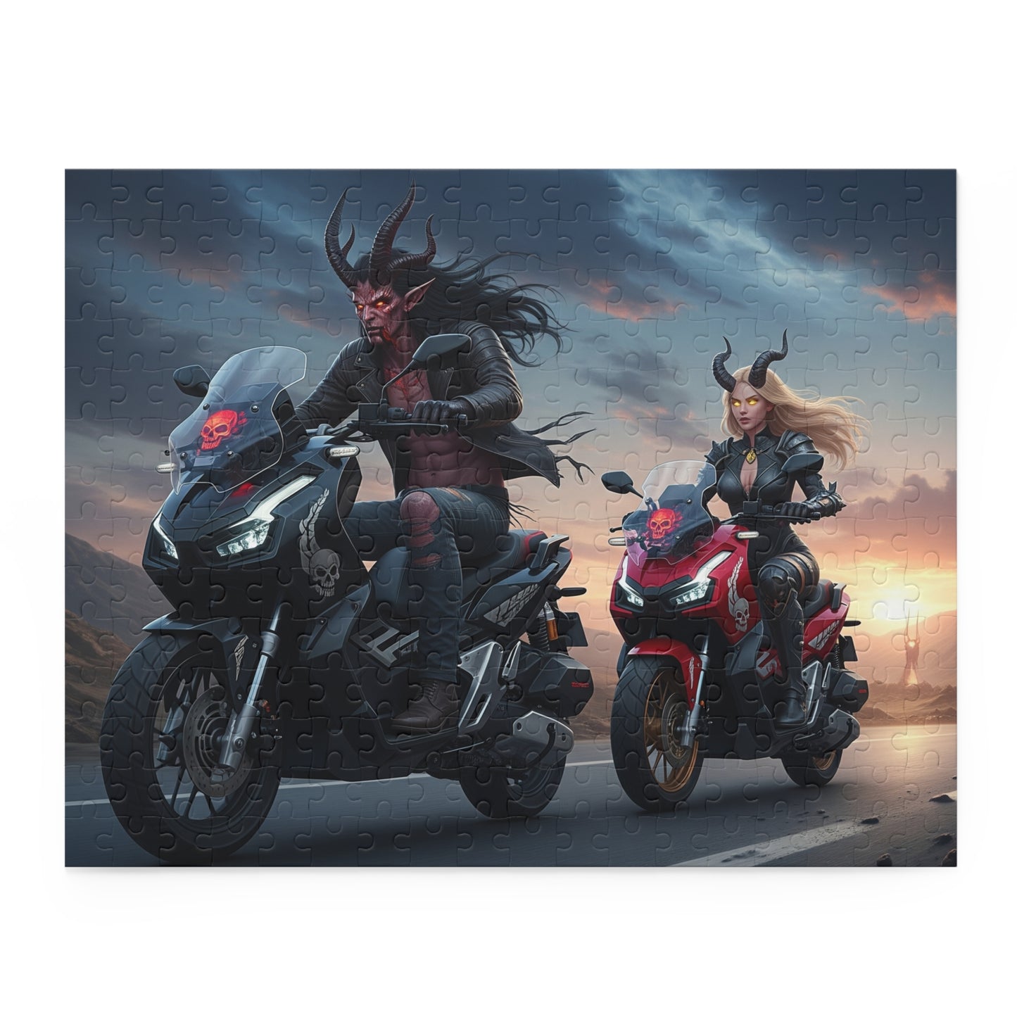 Demonic Biker Puzzle – 120, 252, 500-Piece Fantasy Jigsaw, Gift for Bikers, Gamers, Halloween Decor, Family Fun, Puzzle Lovers