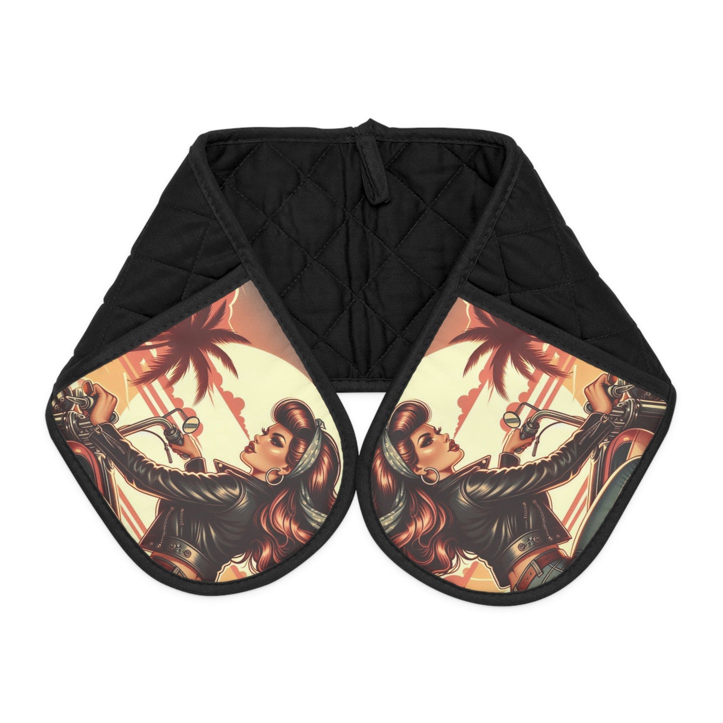 Oven Mitts - Girl Riding at the Beach Design-Biker Kitchen Flair