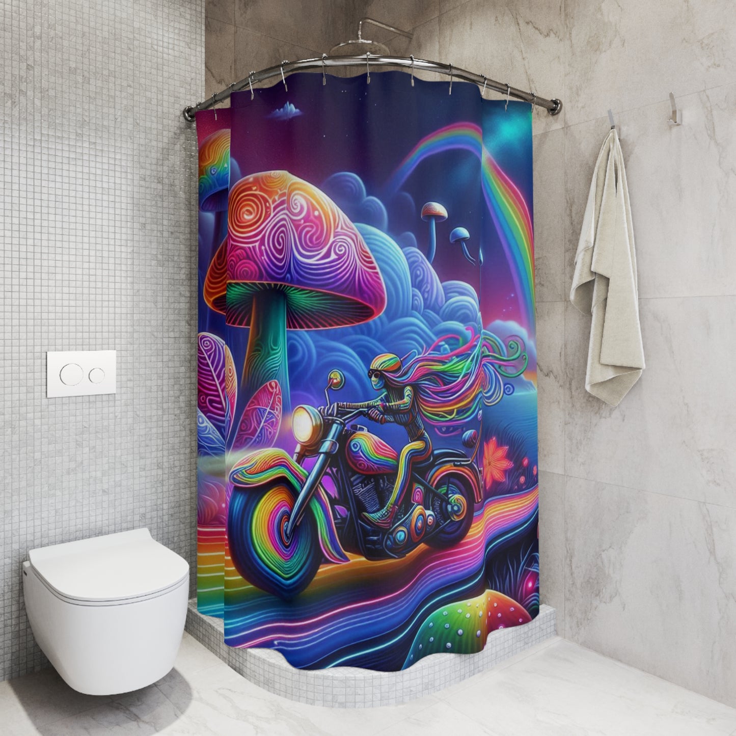 Shower Curtain-Retro 70s Art-Psychedelic Motorcycle Trip-Biker bath Decor