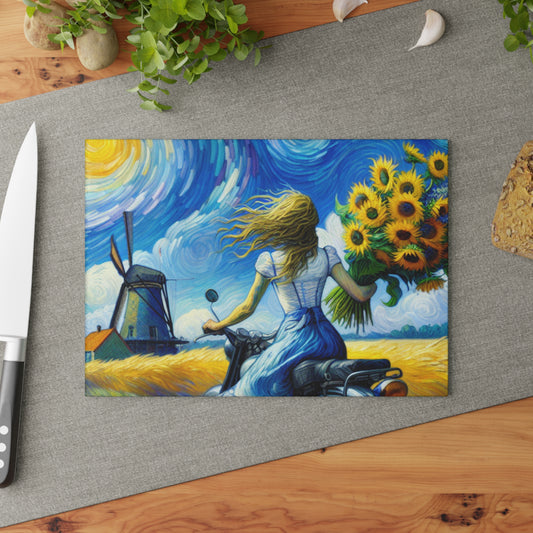 Glass Cutting Board with Sunflowers and Windmill Design - Perfect for Home Cooking and Gift Giving-Cheese Platter