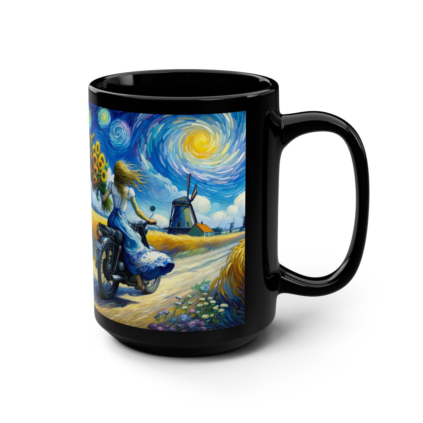 Van Gogh Inspired Artistic 15oz Black Mug - Vintage Inspired Sunflower & Motorcycle Design