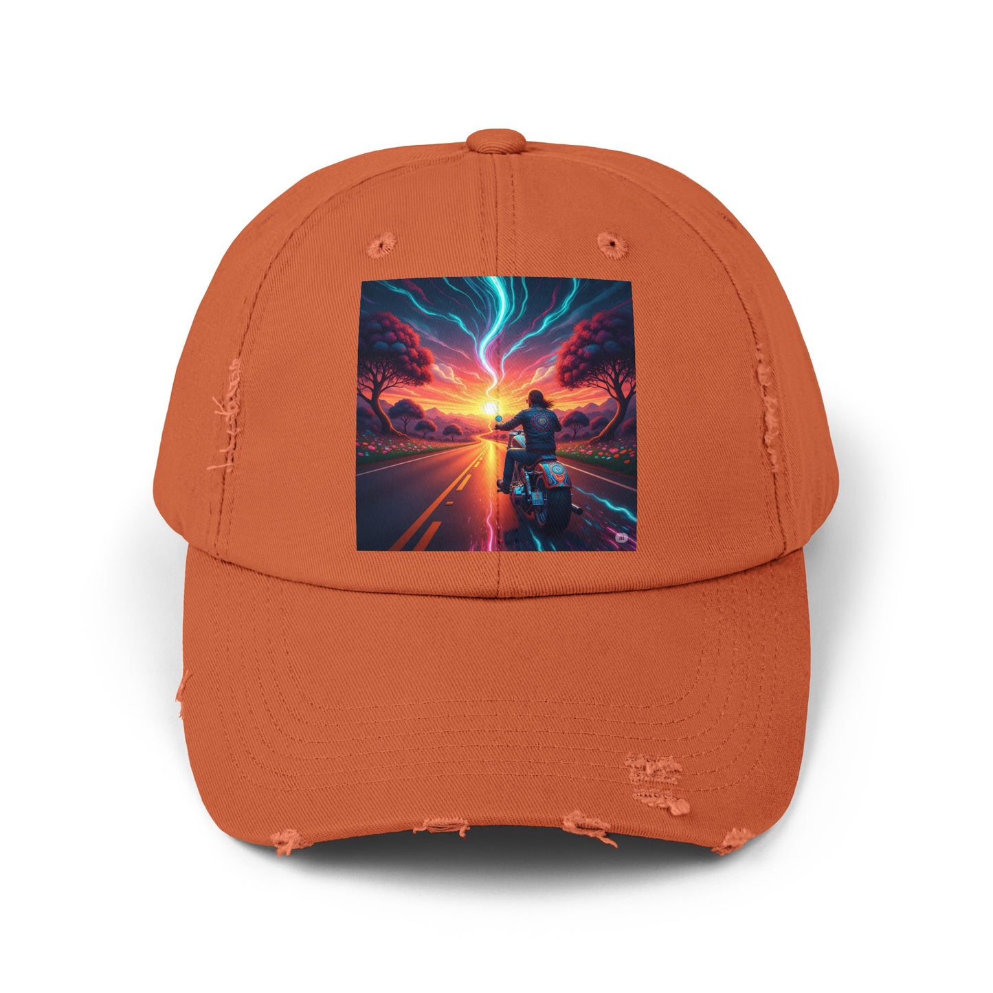 Unisex Distressed Cap with Vibrant Sunset Motorcycle Design, Casual Style Hat for Adventure Lovers, Great Gift for Bikers, Trendy [...]