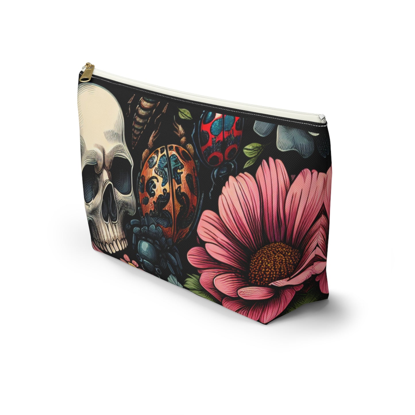 Gothic Floral Accessory Pouch, Makeup Bag, Travel Organizer, Gift for Her, Skull Design, Halloween Accessories, Motorcycle Bag
